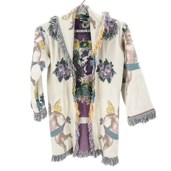 Vintage All in the Bag Coat tapestry blanket fringe 90s cherub open front size L - Picture 1 of 10